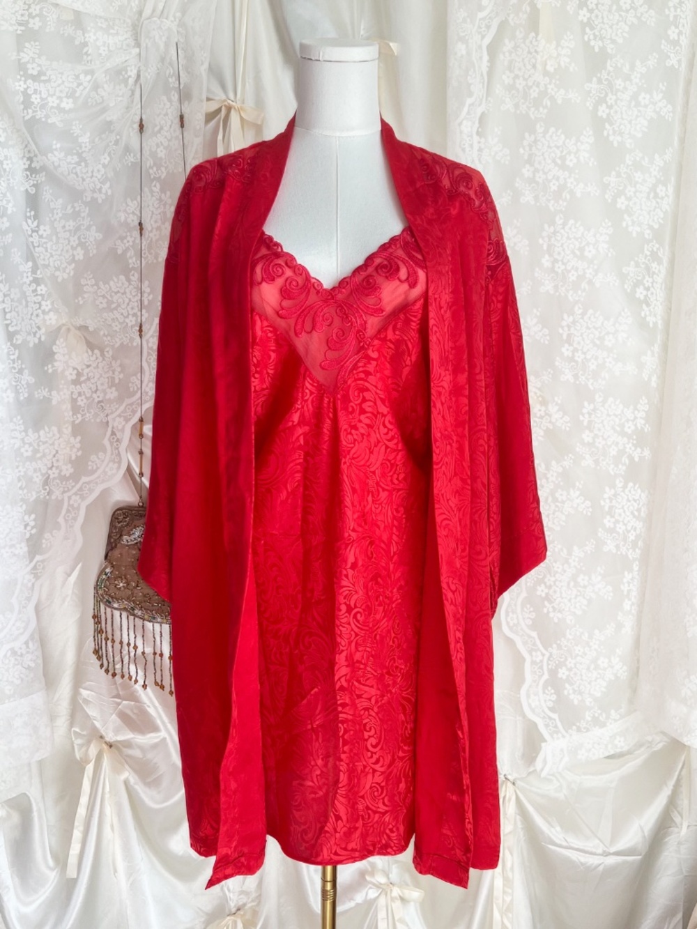 Vintage Val Mode Red Jacquard Peignoir Set